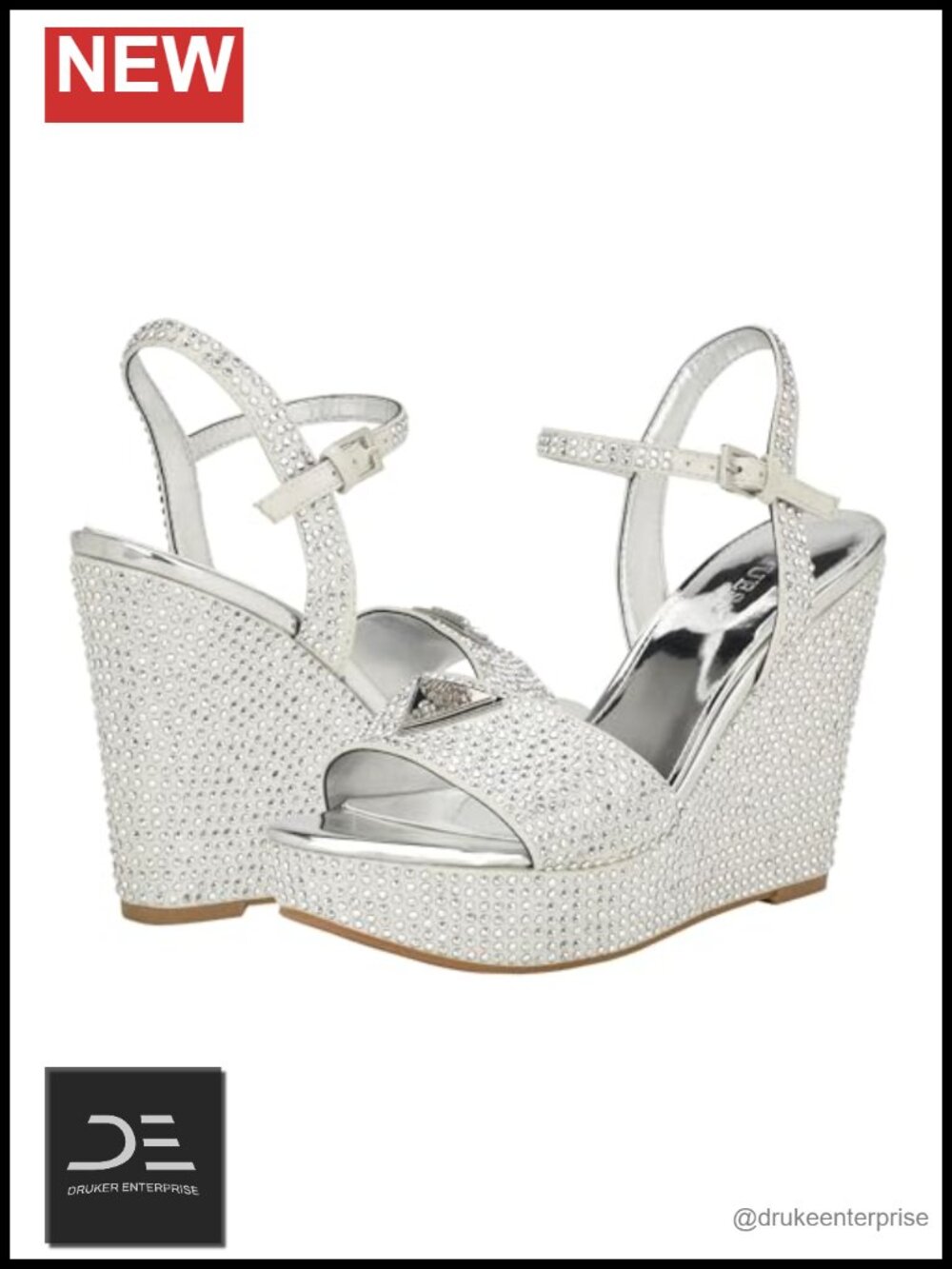 Guess Hippa Crystal Embellished Wedge Sandals Open Toe Ankle Strap